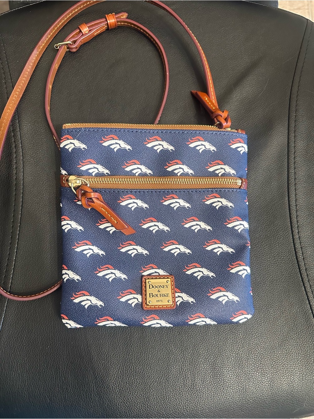 Dooney & Bourke Navy Denver Broncos Logo Crossbody with Brown Leather Trim